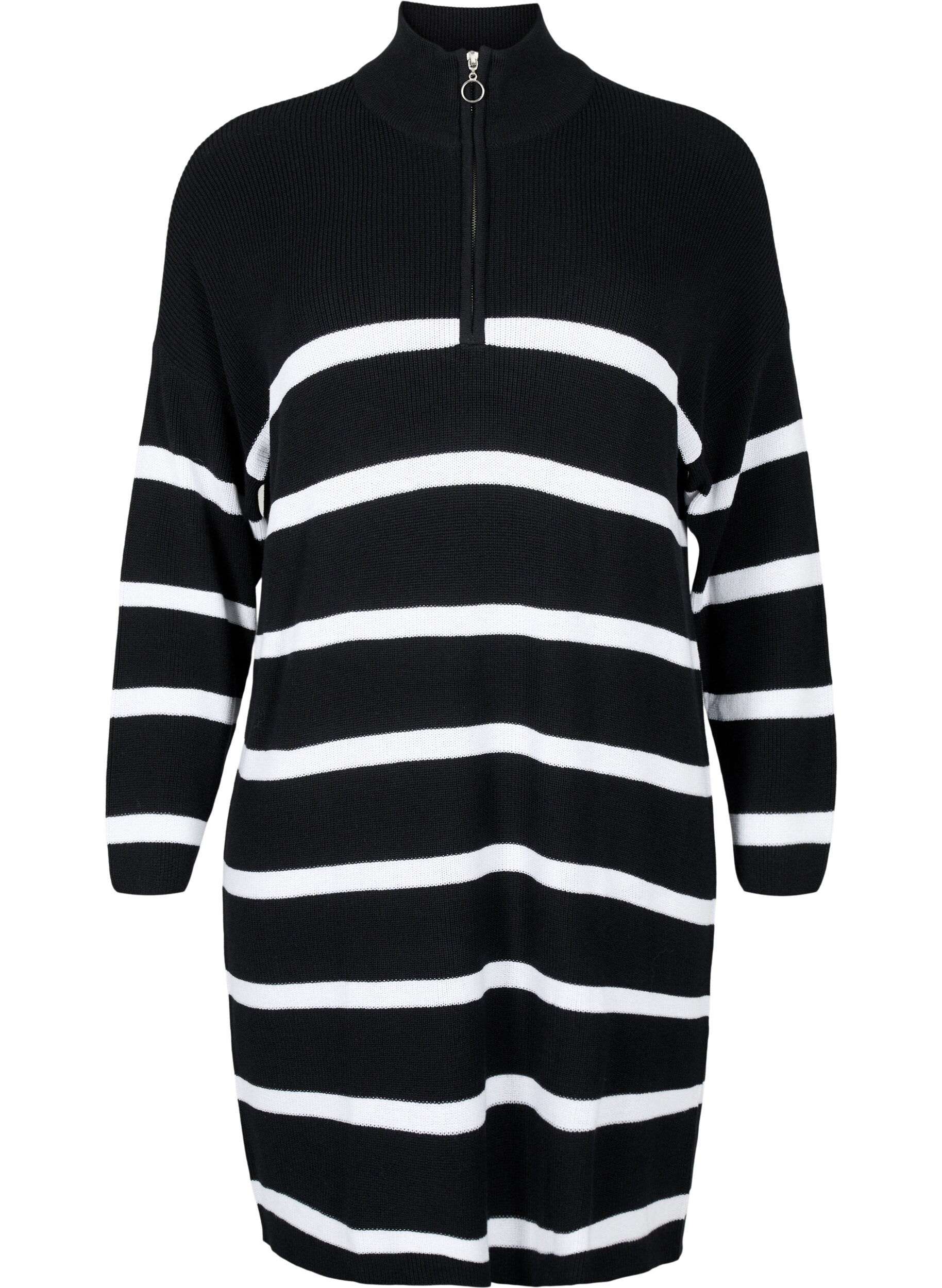 Zizzifashion Striped knit dress with zipper, Black w.Cloud Dancer, Packshot image number 0