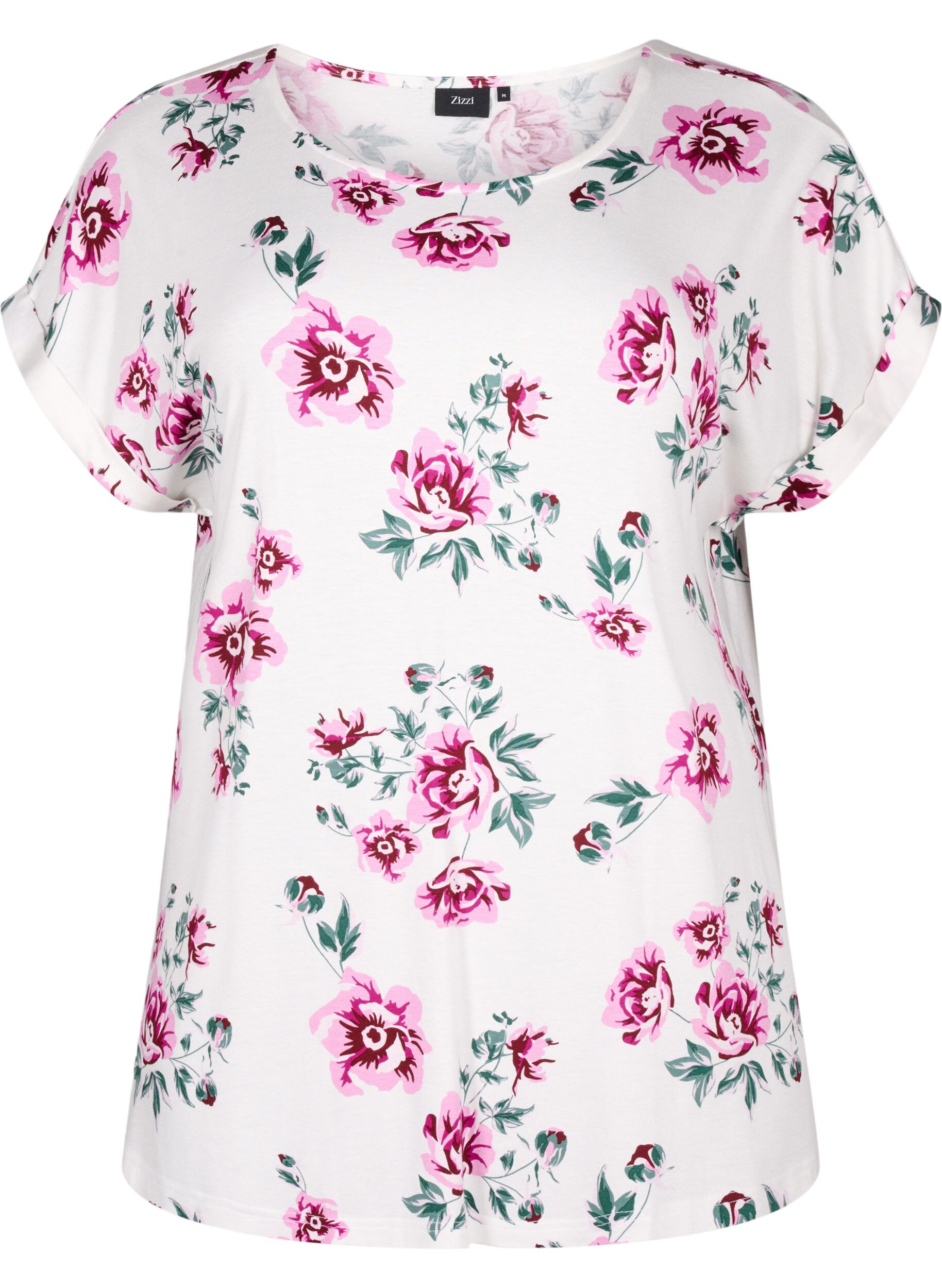 Zizzifashion Floral viscose blouse with short sleeves, White Pink AOP, Packshot image number 0