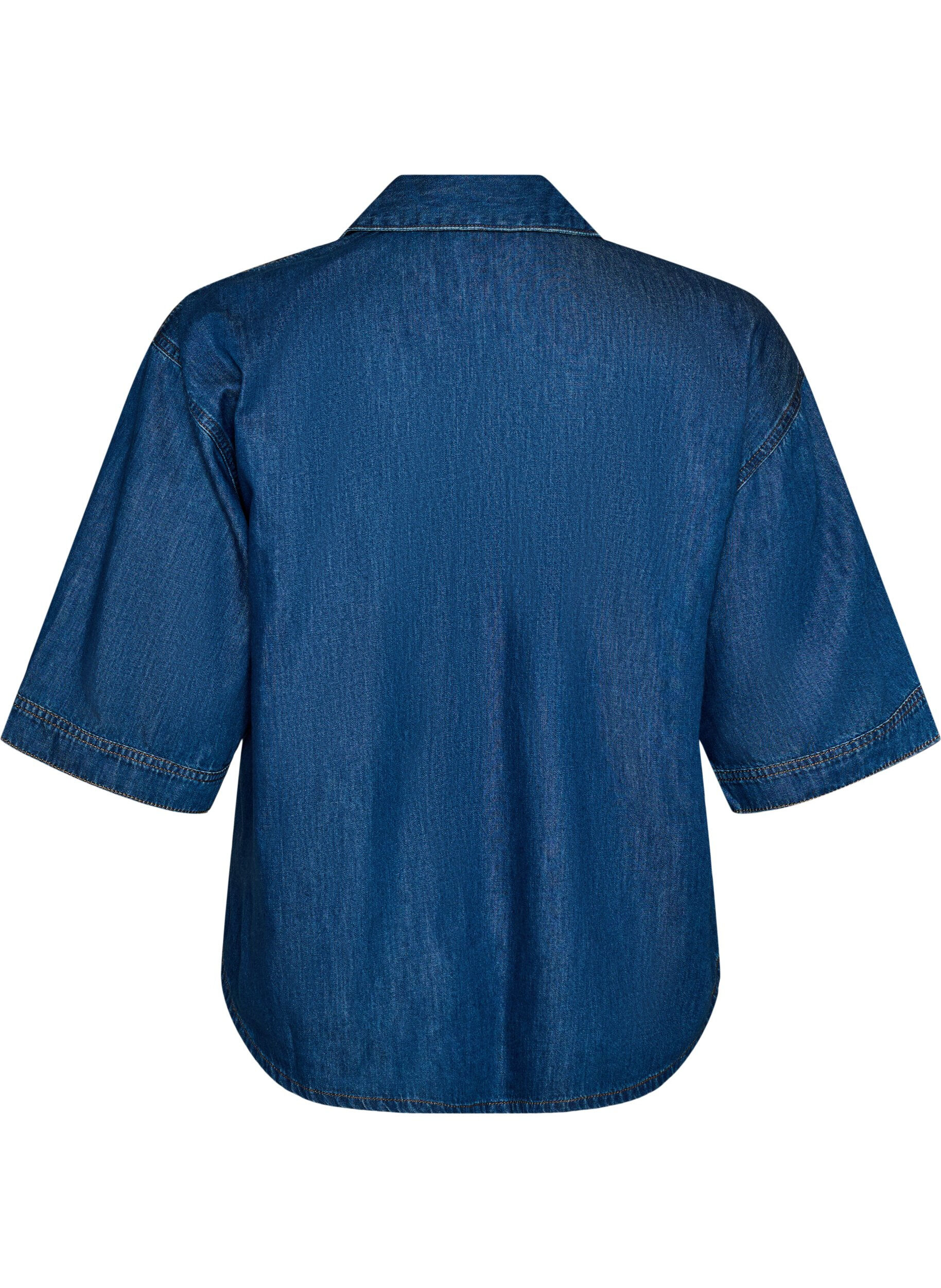 ZizzifashionDenim blouse with a chest pocket and elbow-length sleeves, Blue, Packshot image number 1