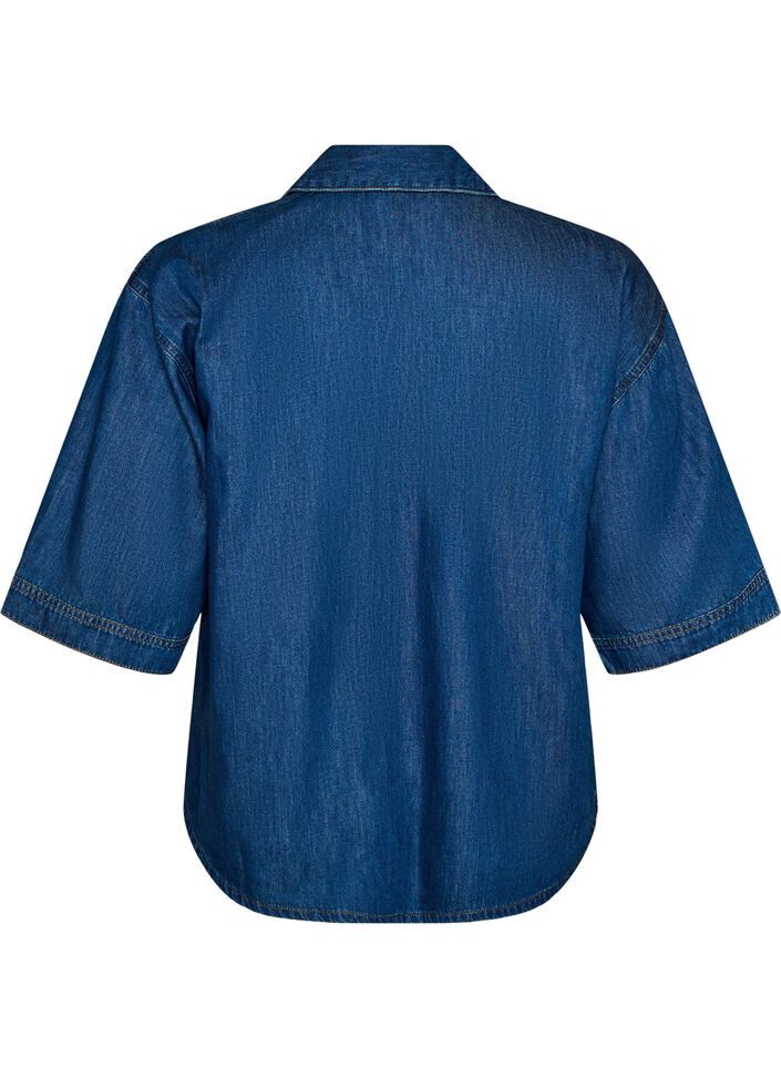 Denim blouse with a chest pocket and elbow-length sleeves, Blue, Packshot image number 1