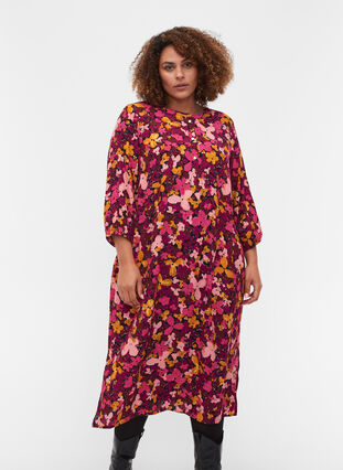 Floral viscose dress with 3/4 sleeves, Hot Pink Flower, Model image number 0