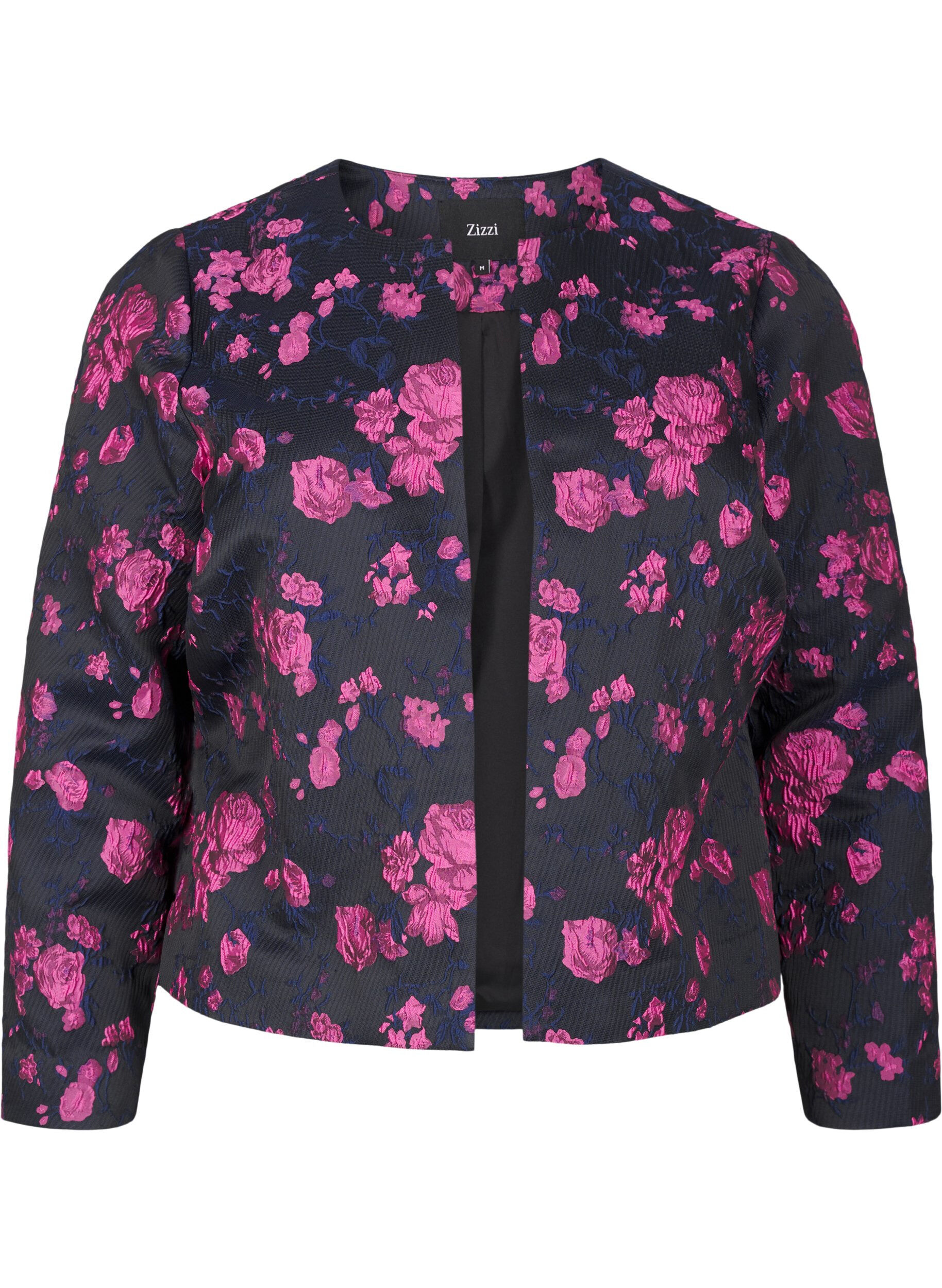 Zizzifashion Jacquard jacket with floral pattern, Black w. Red Rose, Packshot image number 0