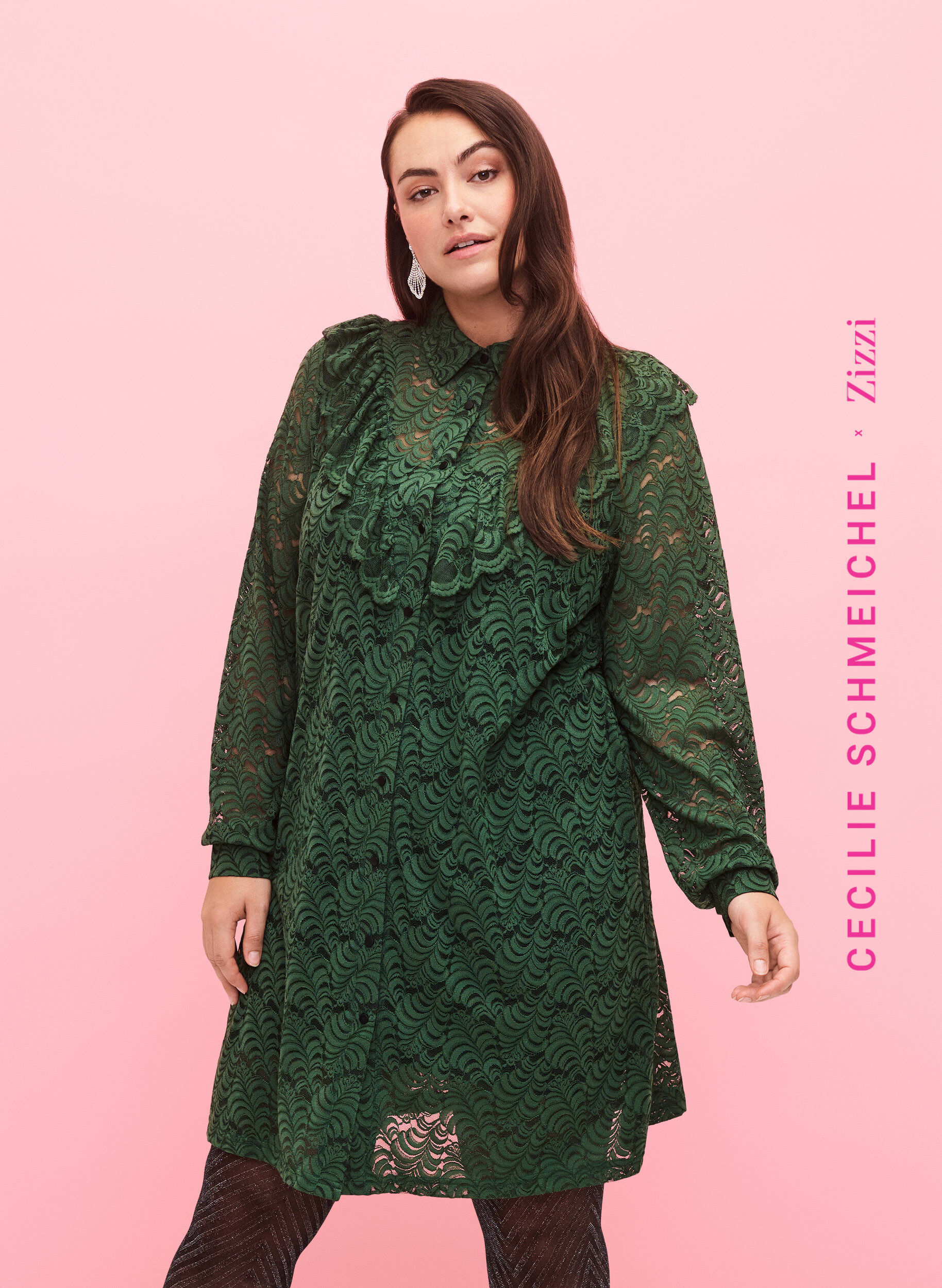 Zizzifashion Lace shirt dress with frills, Hunter Green, Model image number 0