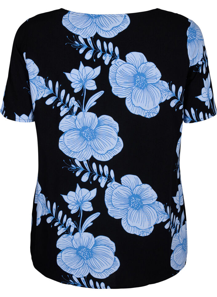 FLASH - Short sleeve viscose blouse with print, Black, Packshot image number 1
