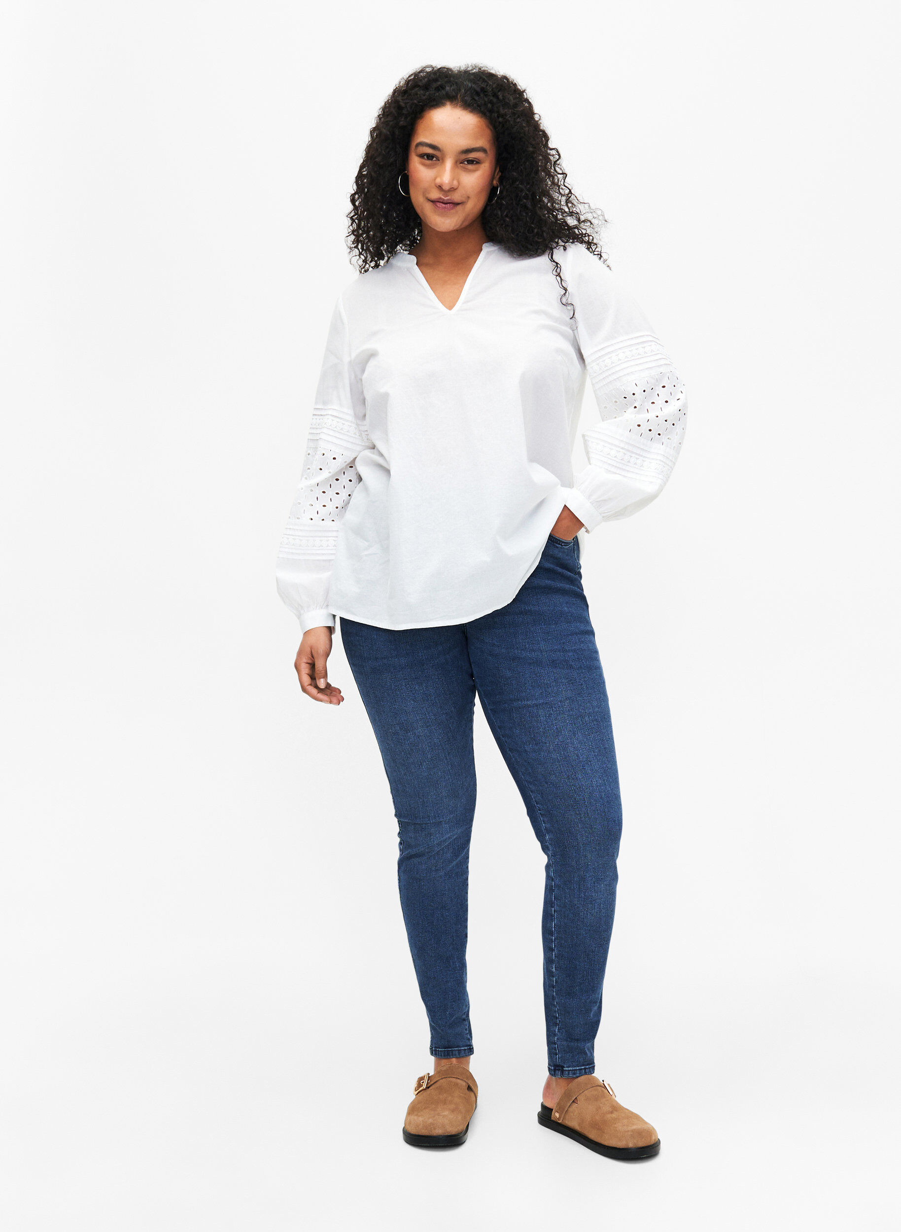 Zizzifashion Long sleeve blouse with decorative details, Bright White, Model image number 4