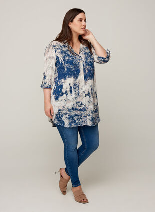 Printed shirt with puff sleeves, Twilight Blue AOP, Model image number 2