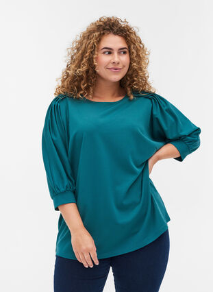 Blouse with 3/4 sleeves and pleated folds, Pacific, Model image number 0