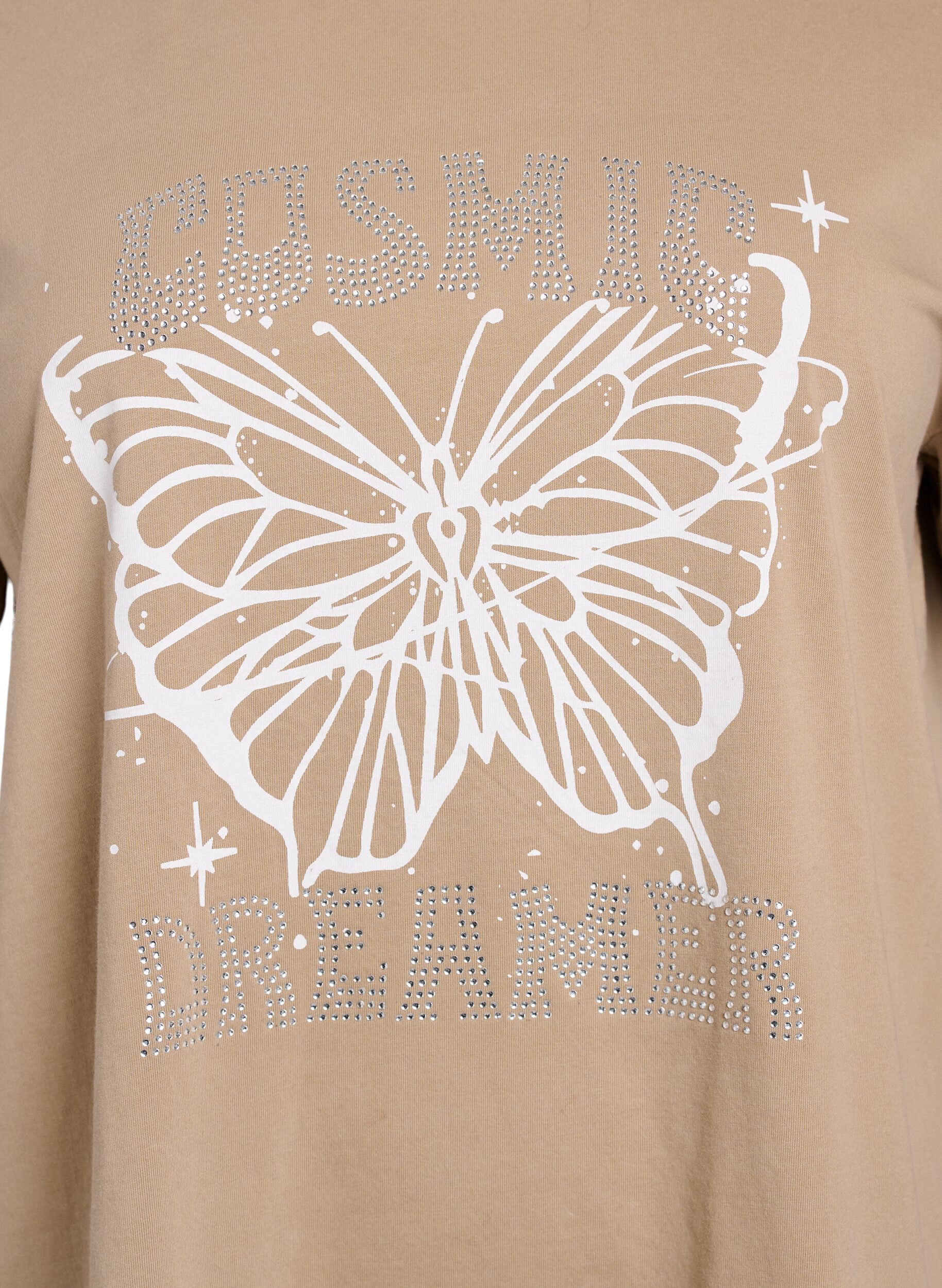 Zizzifashion Organic cotton T-shirt with rhinestones and butterfly motif, Brown, Packshot image number 2