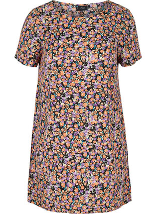 Plain-coloured dress with shorts sleeves, Black Flower AOP, Packshot image number 0