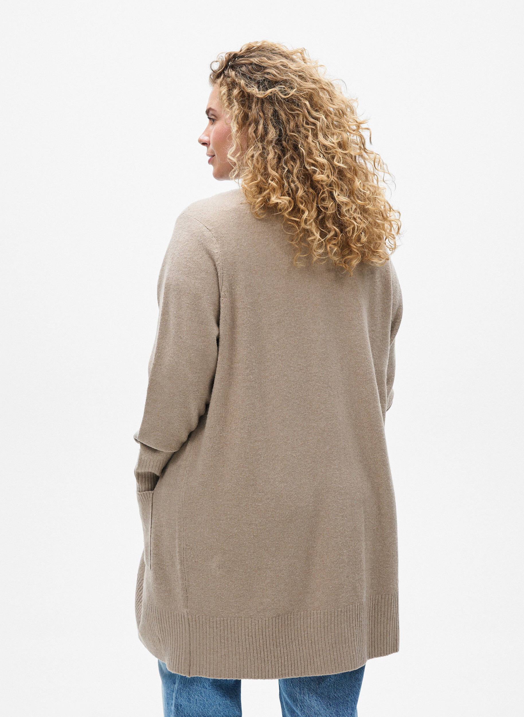 Zizzifashion Ribbed Knit Cardigan with Pockets, Beige, Model image number 2