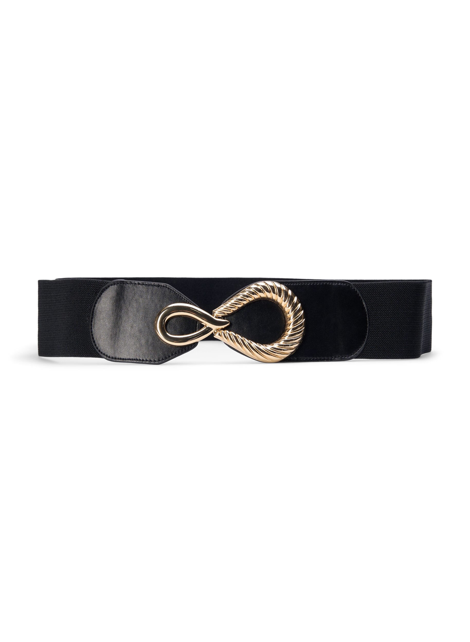 Zizzifashion Stretchy waist belt with gold-colored buckle, Black, Packshot image number 0