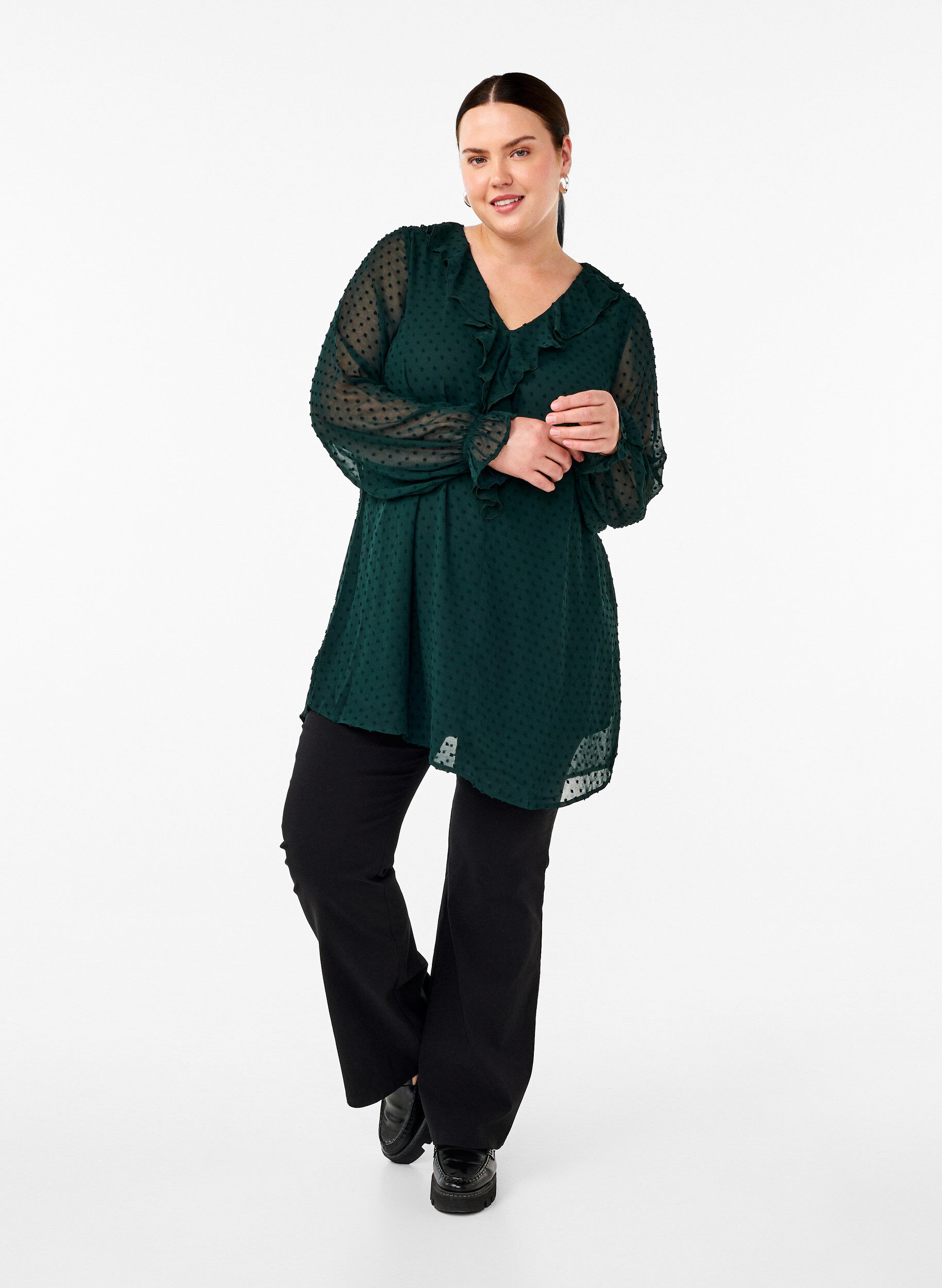 Zizzifashion Tunic with ruffles and dotted texture, Scarab, Model image number 2
