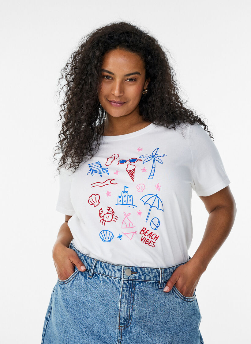 Organic cotton T-shirt with beach print, White, Model image number 0