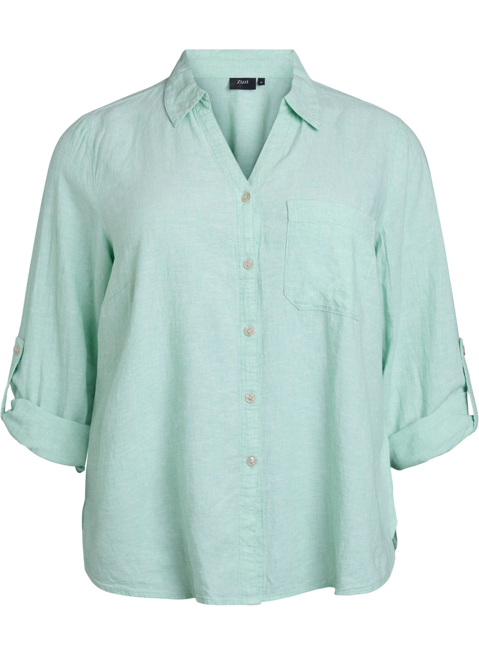 Zizzifashion Shirt in linen and viscose with 3/4 sleeves, Green, Packshot image number 0