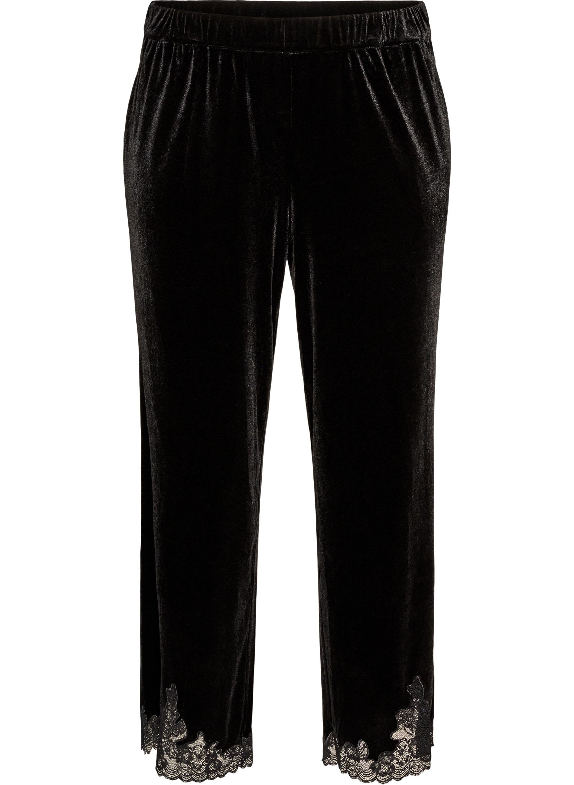 ZizzifashionVelvet trousers with lace trim and wide legs, Black, Packshot image number 0
