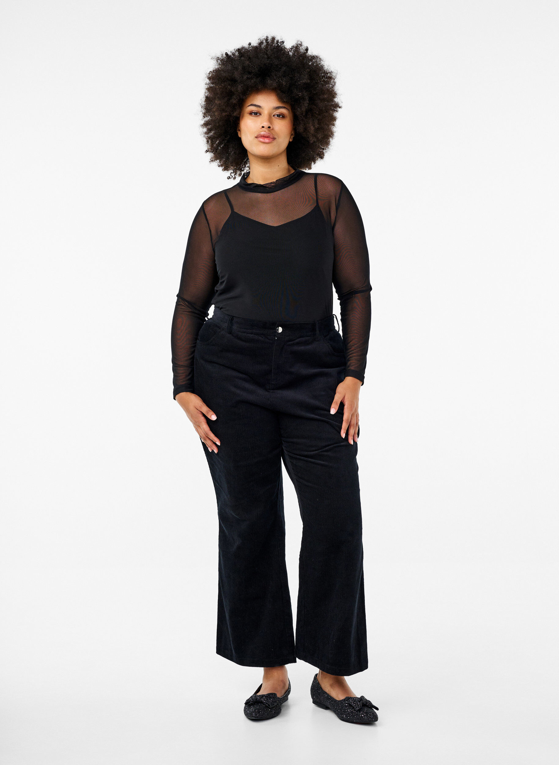 ZizzifashionFitted mesh blouse with long sleeves, Black, Model image number 1