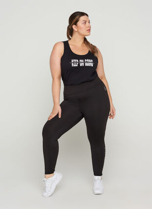 Cropped exercise tights with text print, Black, Model image number 2