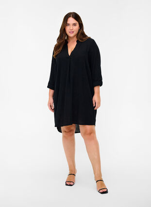 Cotton tunic with a v-neck, Black, Model image number 2