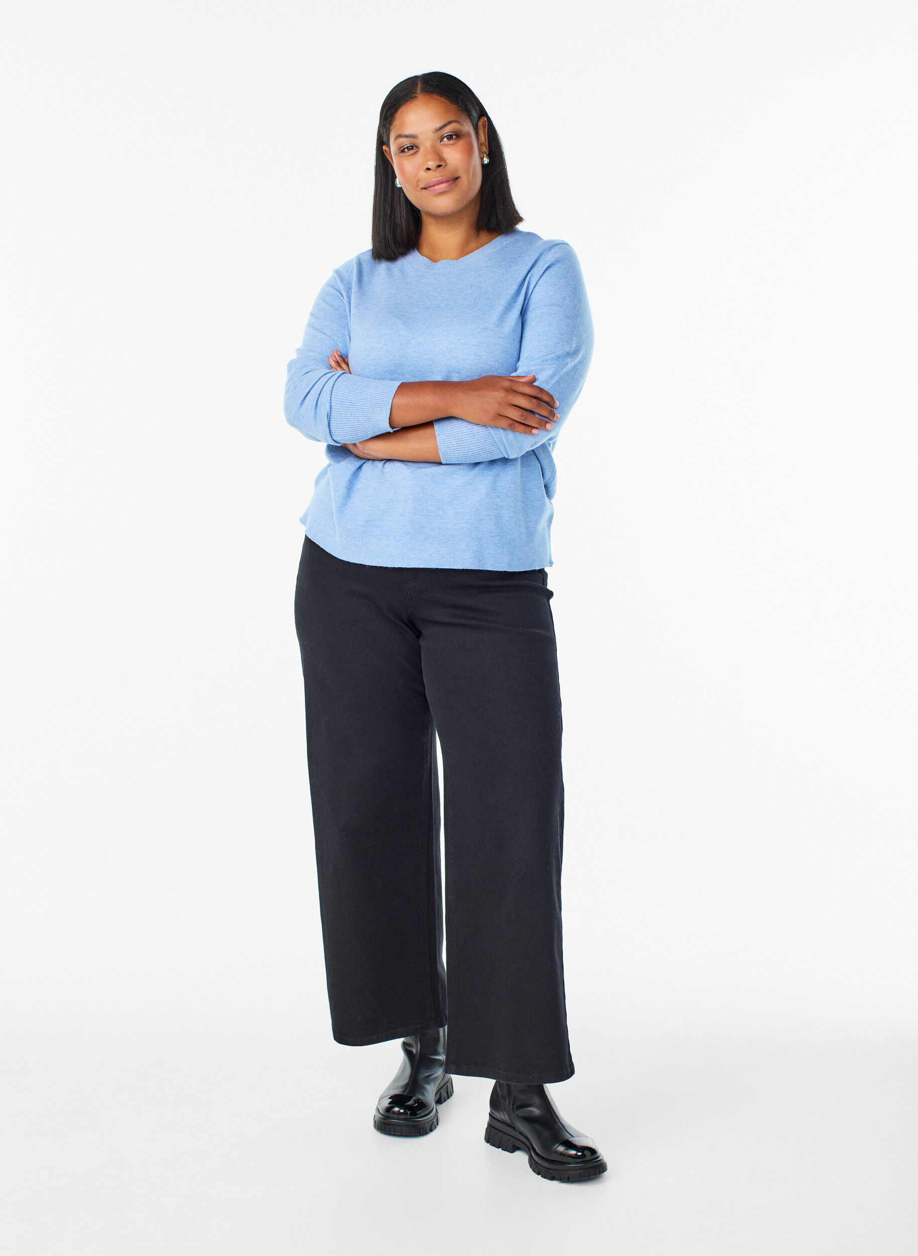 ZizzifashionKnitted blouse with a round neck, Blue, Model image number 1