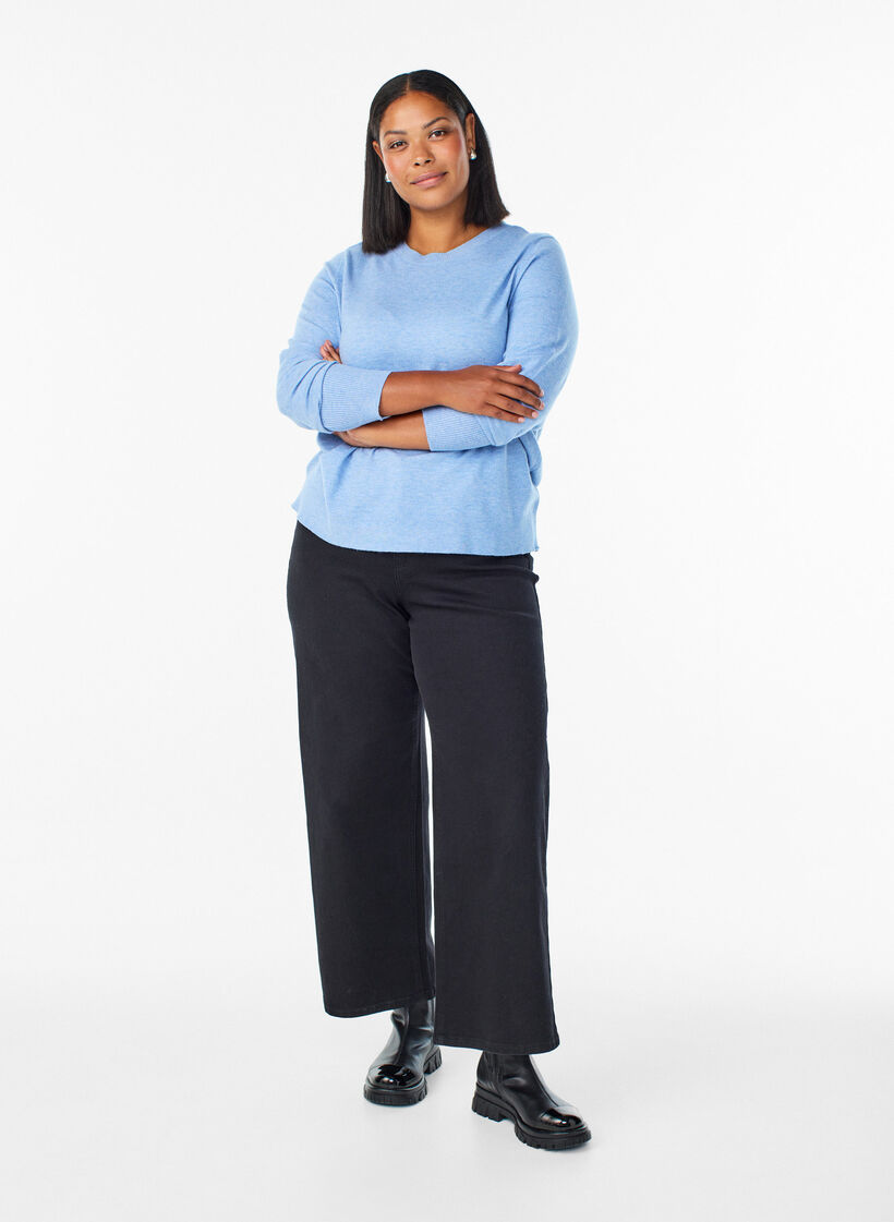 Knitted blouse with a round neck, Blue, Model image number 1