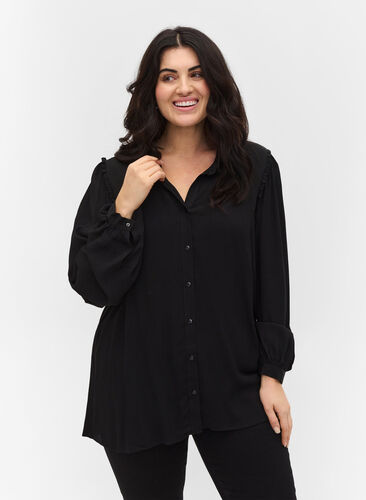 Long-sleeved viscose shirt with ruffle details, Black, Model image number 0