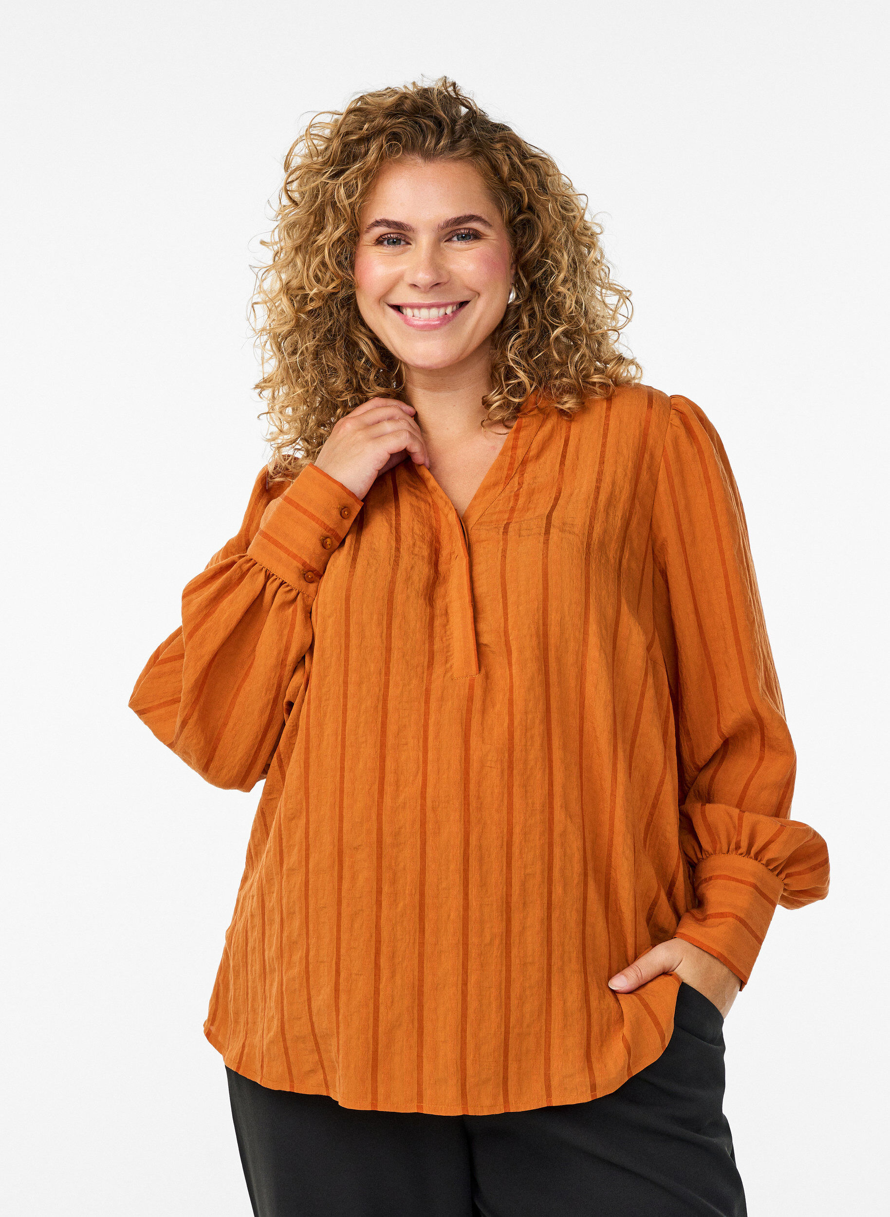 Blouse with vertical stripes, Orange, Model