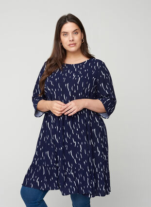 Viscose dress with print and 3/4 length sleeves, Night Sky Rain, Model image number 0