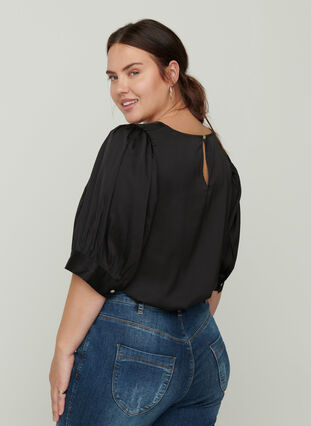 Short-sleeved shiny blouse, Black, Model image number 1