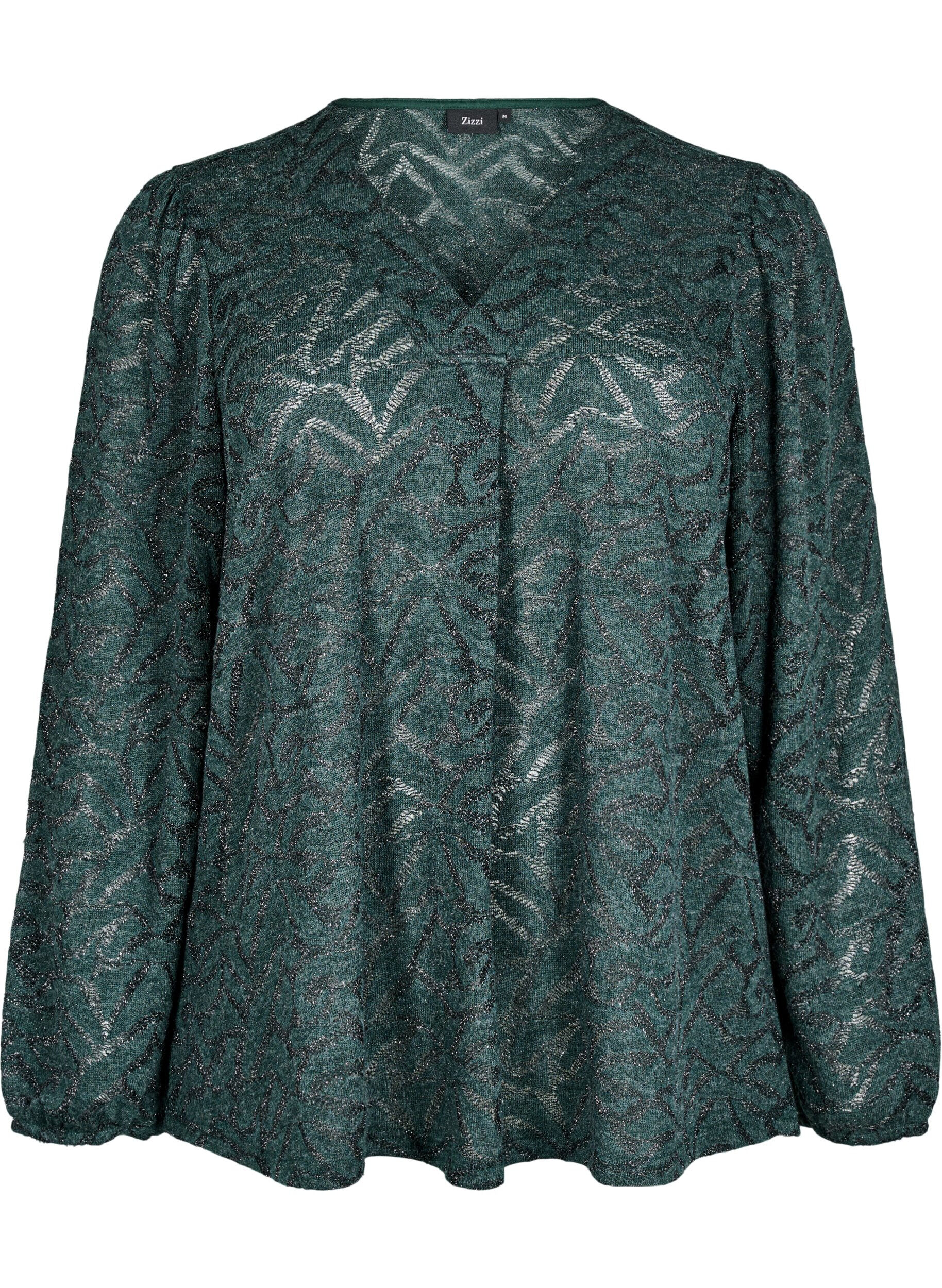 Zizzifashion Long-sleeved blouse with glitter and pattern, Green, Packshot image number 0