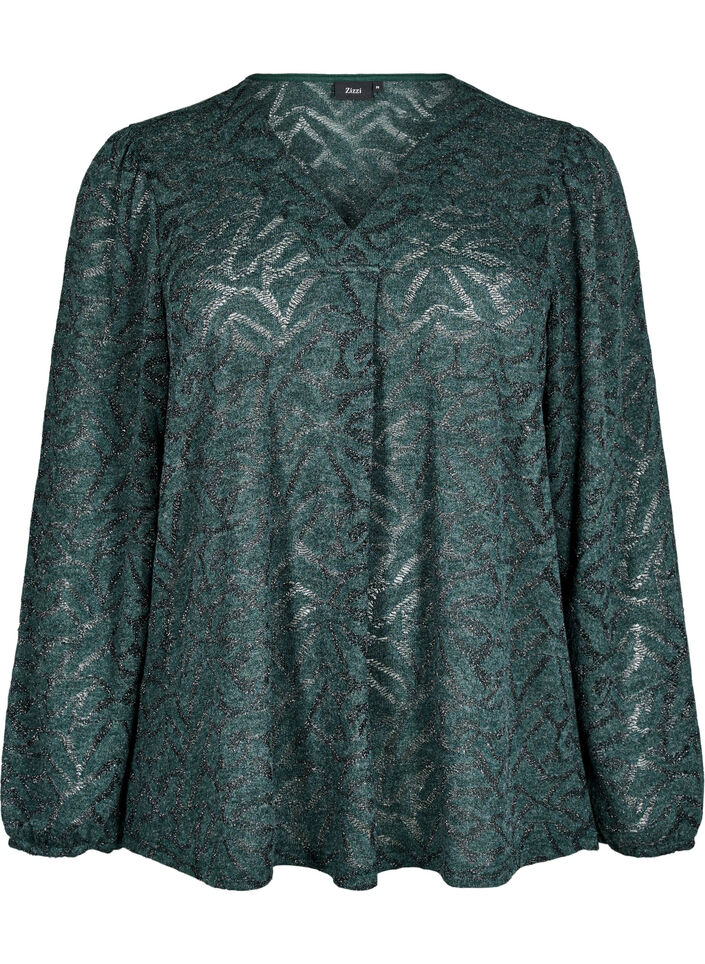 Long-sleeved blouse with glitter and pattern, Green, Packshot image number 0