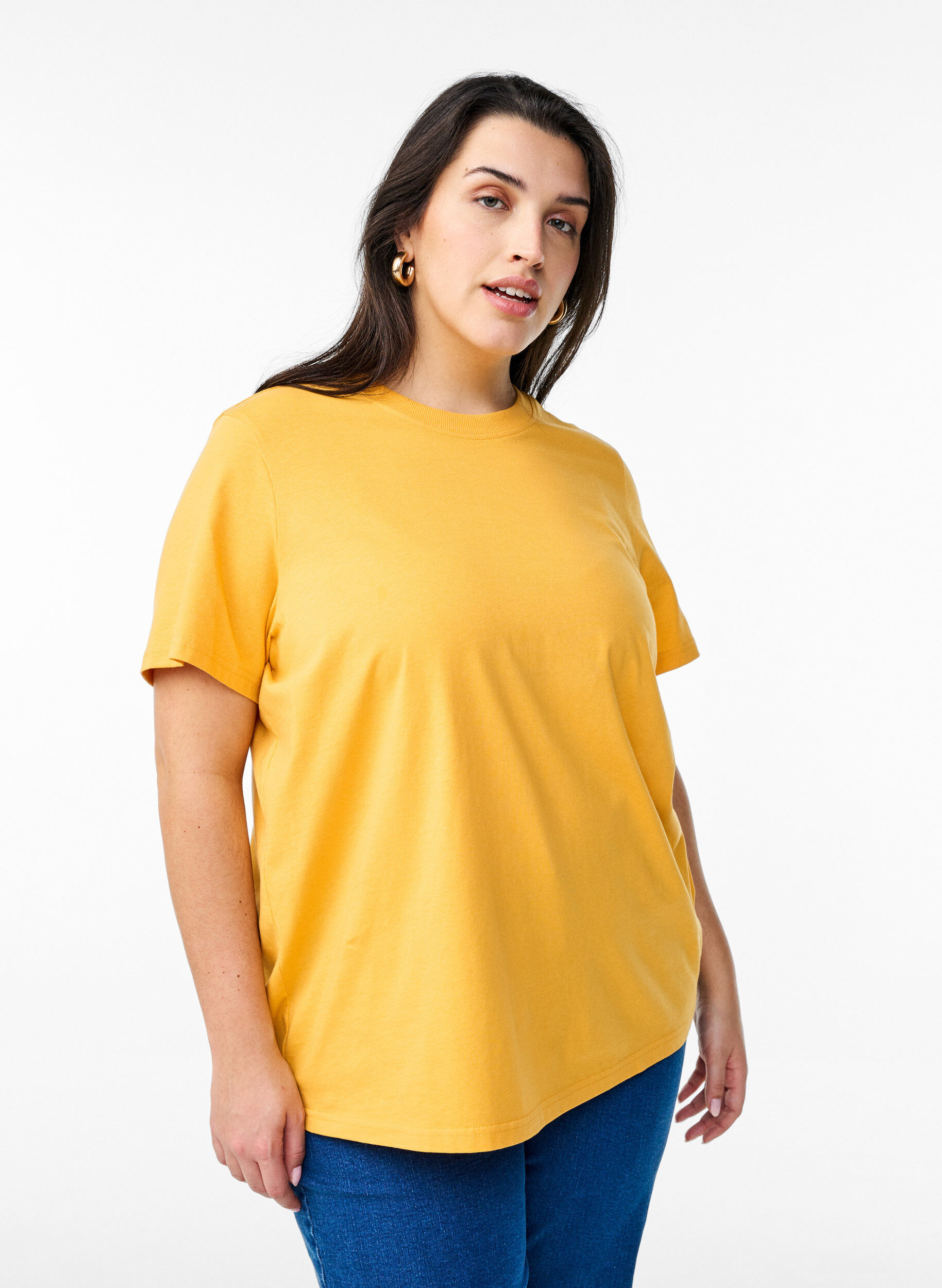 ZizzifashionBasic cotton T-shirt with round neck, Yellow, Model image number 0
