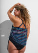 Patterned tankini top with underwire and criss-cross straps, Blue, Model image number 1