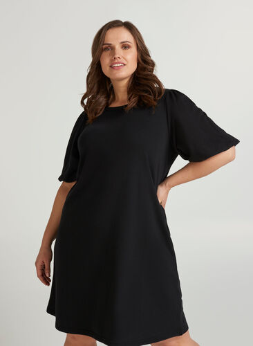 Sweater dress with puff sleeves, Black, Model image number 0