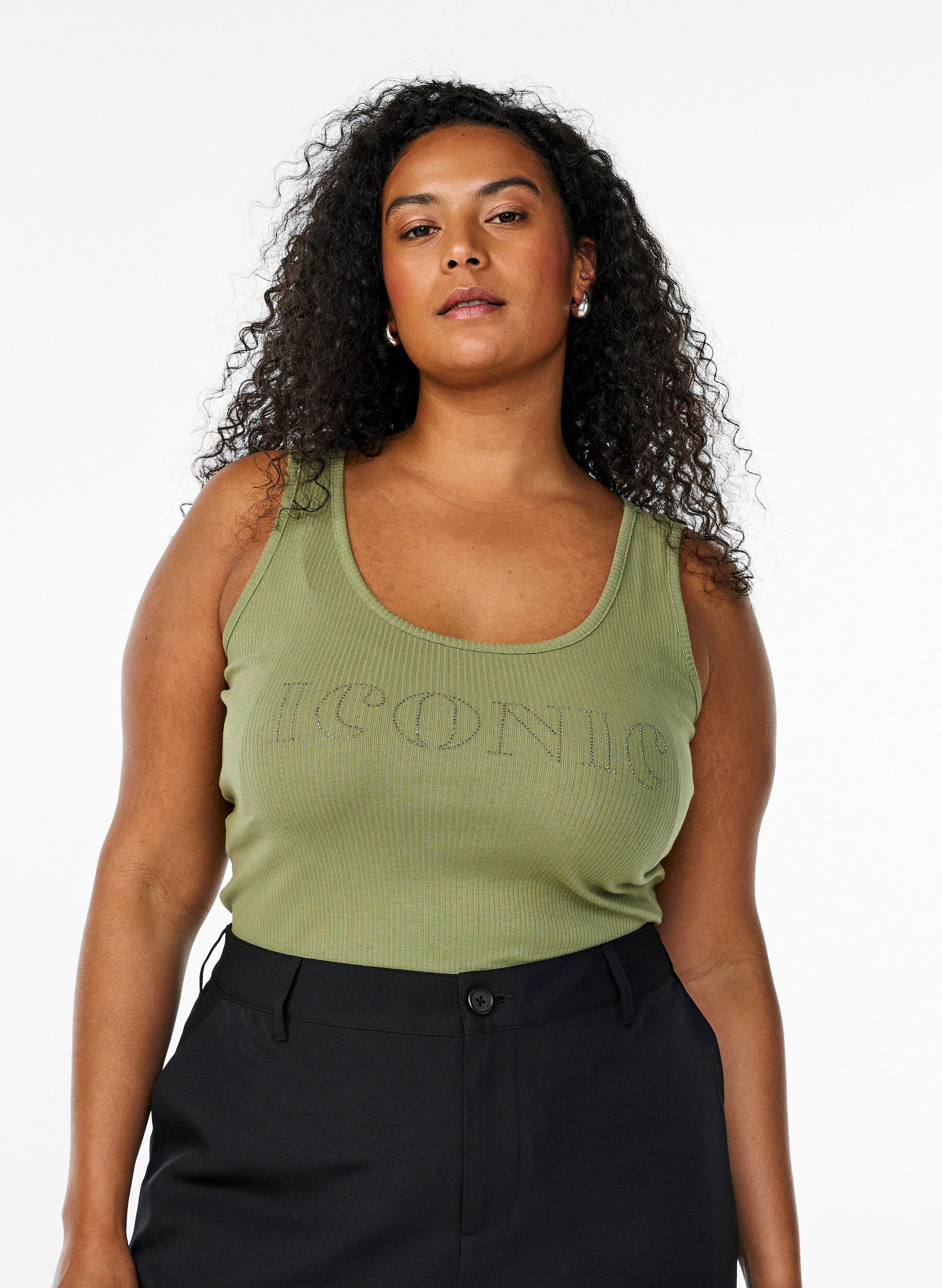 Slim-fit tank top with rhinestones, Green, Model