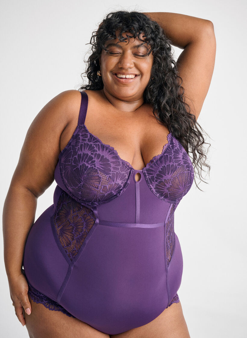 Lace and microfibre bodystocking with underwire, Purple, Image image number 0
