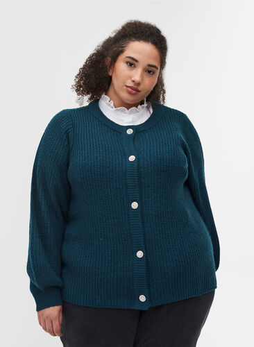 Short rib-knit cardigan with button fastening, Reflecting Pond, Model image number 0