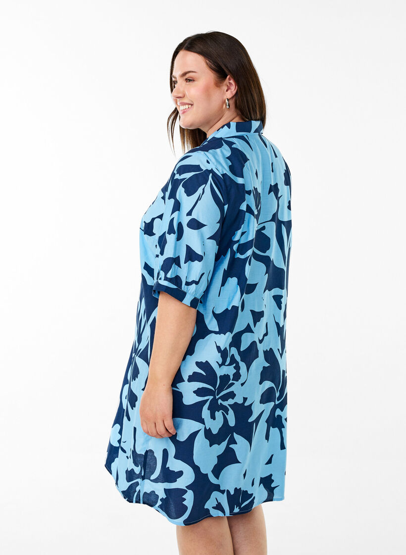 Knee-length dress with print and V-neck, Blue, Model image number 2