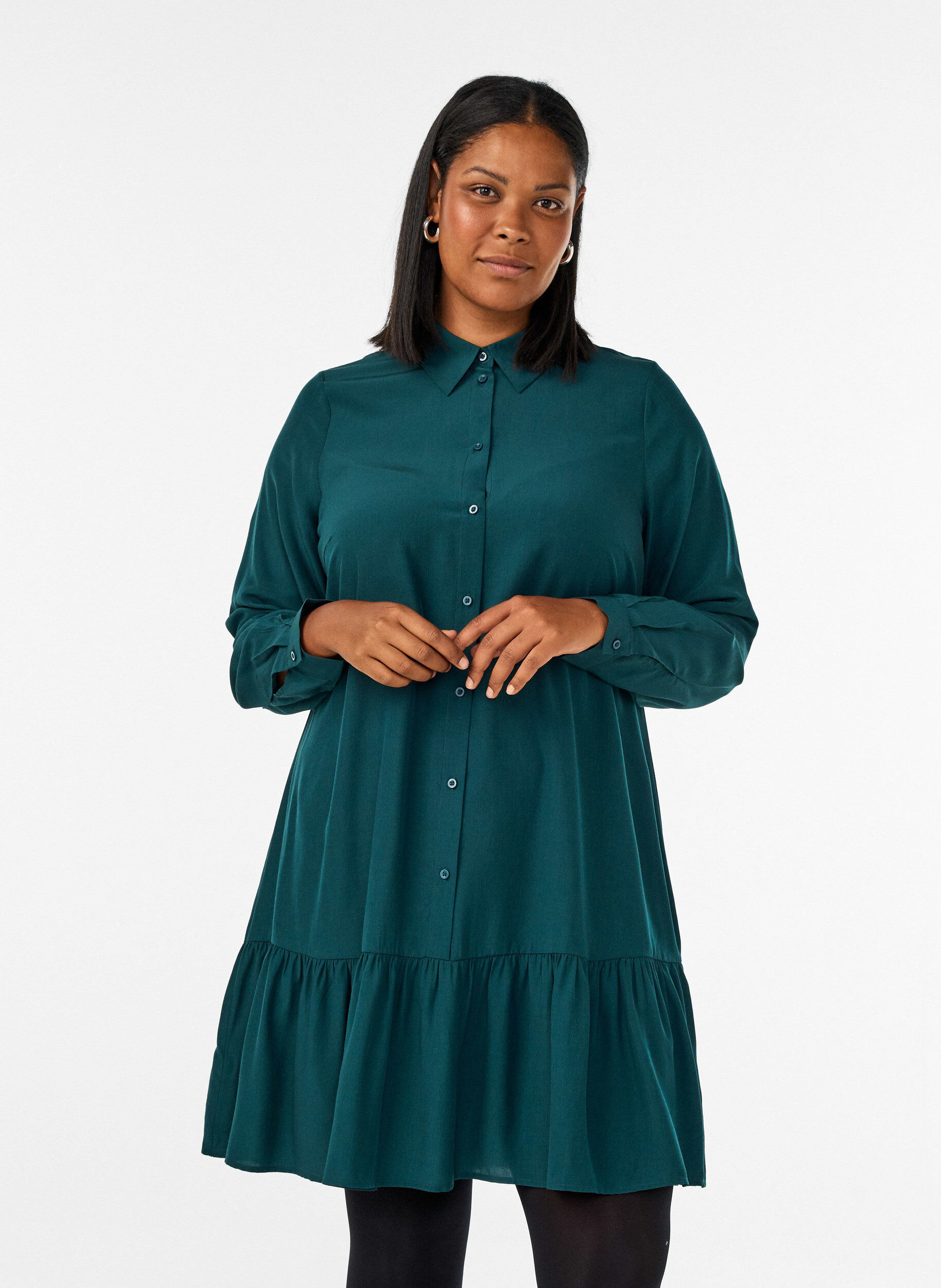 ZizzifashionShort shirt dress with ruffle tier, Green, Model image number 0