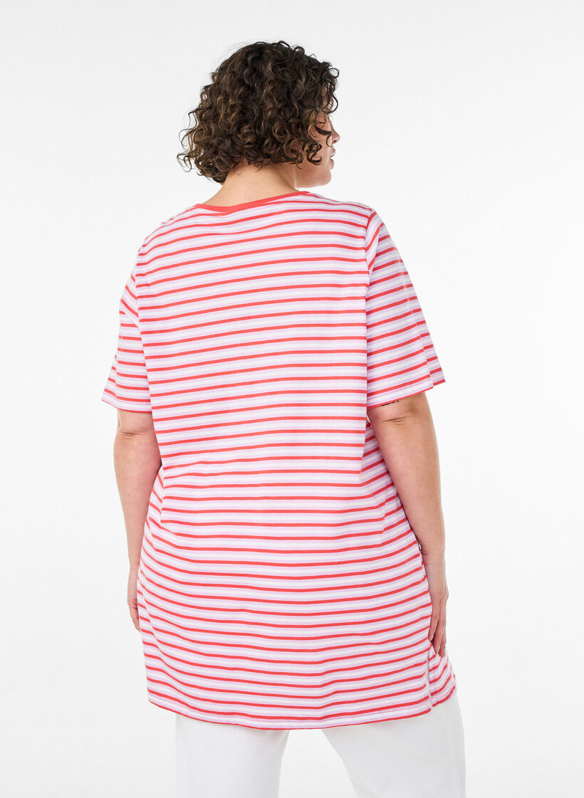 Long oversized striped T-shirt in organic cotton, Purple, Model image number 2