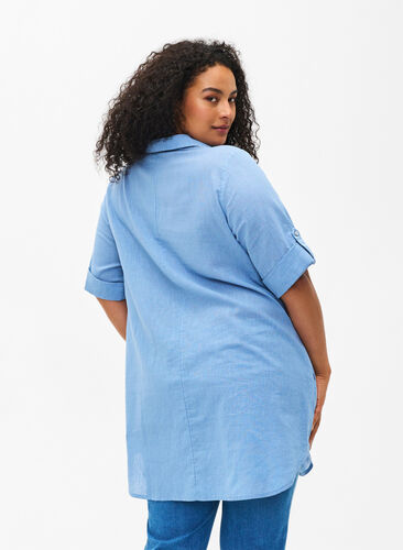 Short-sleeved cotton blend tunic with linen, Faded Denim, Model image number 1