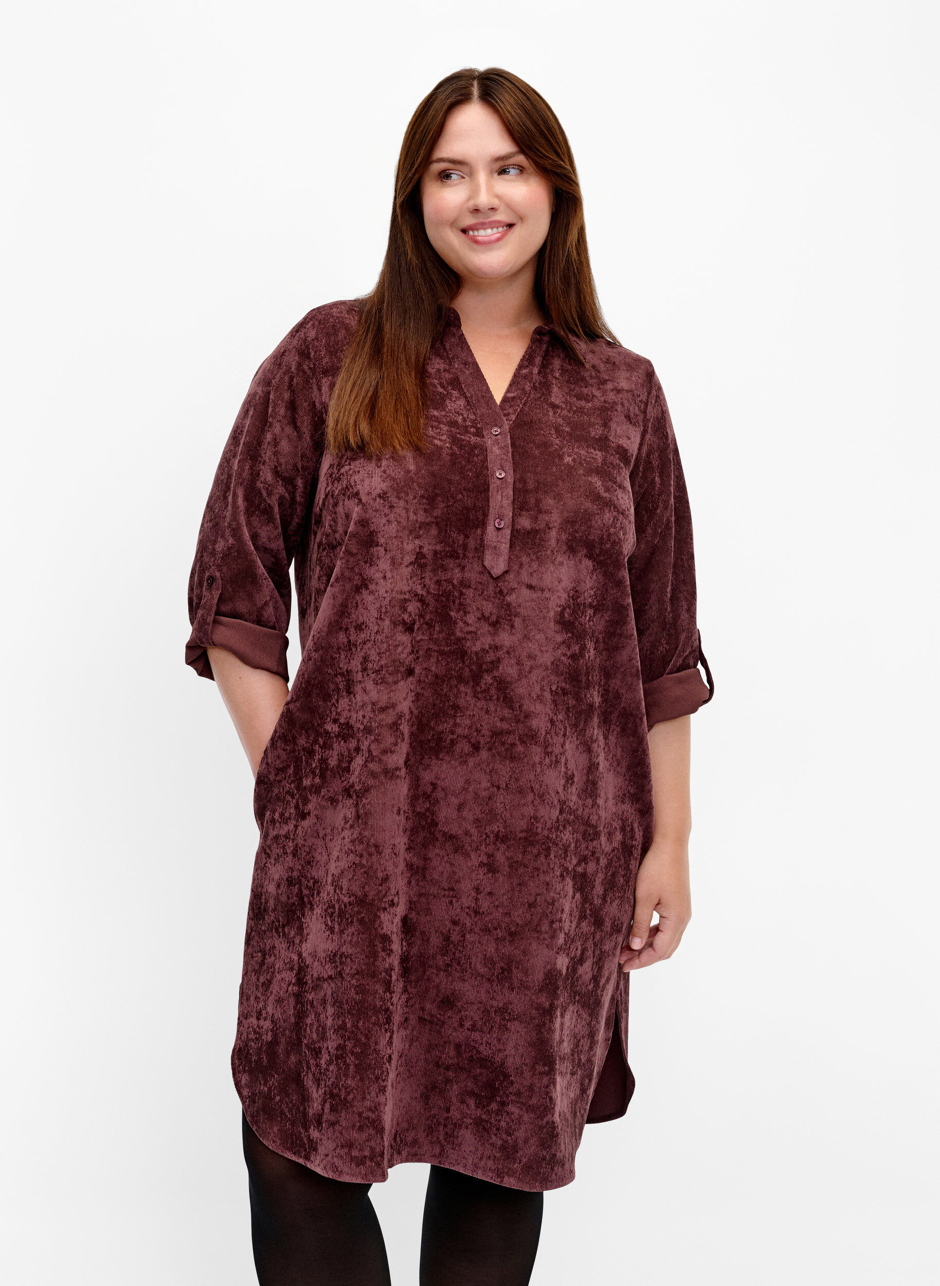 Zizzifashion Velvet dress with 3/4-length sleeves and buttons, Fudge, Model image number 0