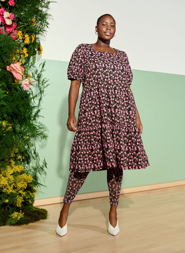 Floral dress in cotton with puff sleeves, Flower AOP, Image image number 0