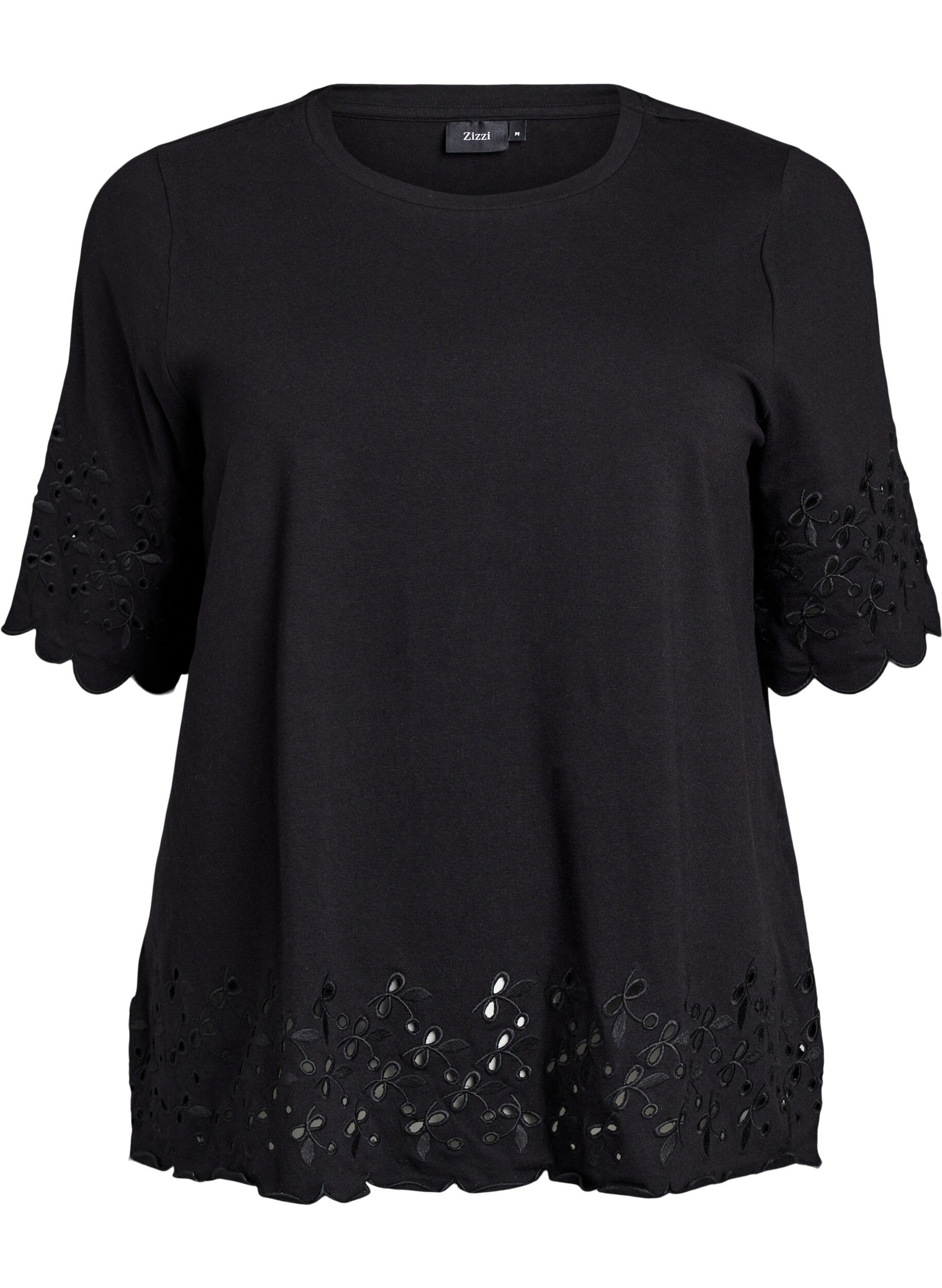 Zizzifashion T-shirt with broderie anglaise and scalloped edges, Black, Packshot image number 0