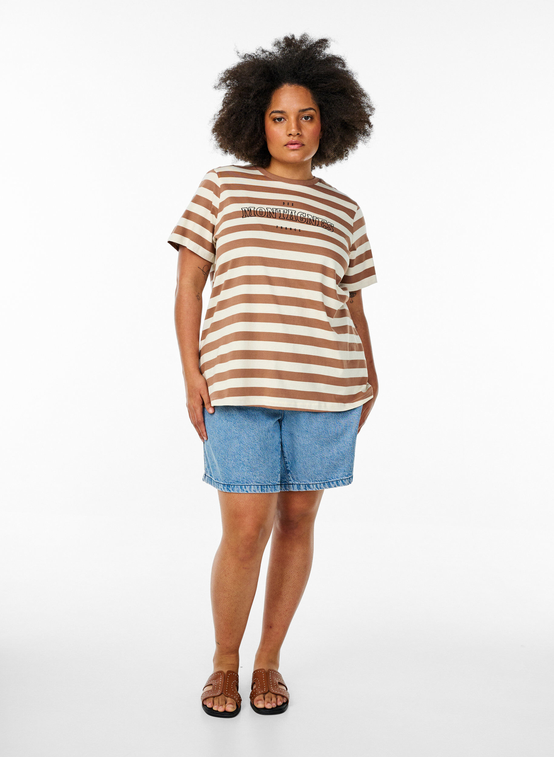 Zizzifashion Organic cotton T-shirt with stripes and text, Brown, Model image number 1