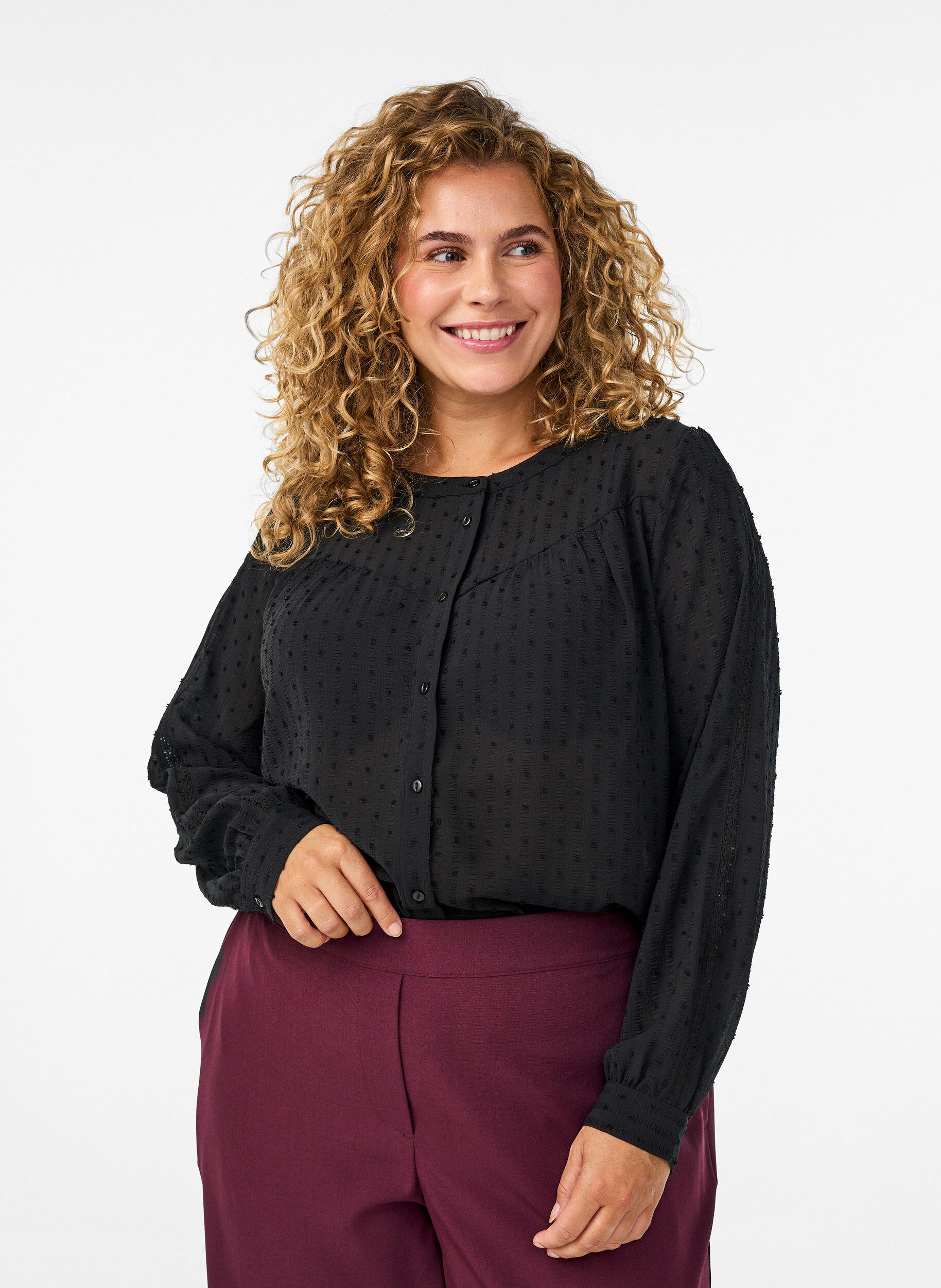 Shirt with a textured dot pattern and embroidery details, Black, Model