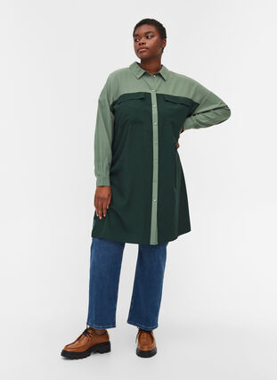 Long-sleeved shirt dress with chest pockets, Scarab/Laurel Wreath, Model image number 3