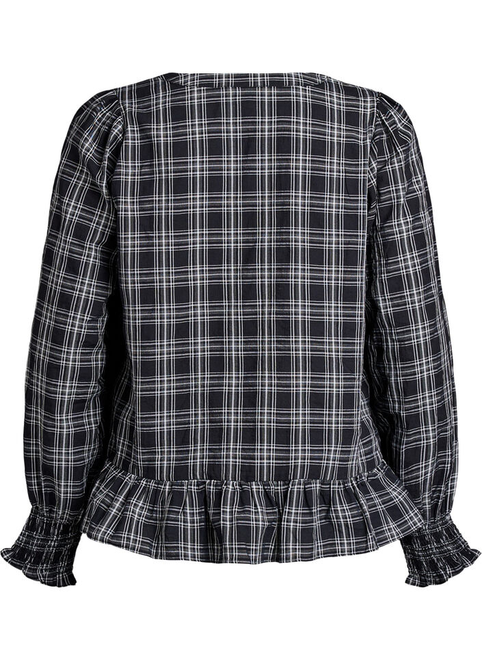 Blouse with checks and ruffle details, Black, Packshot image number 1