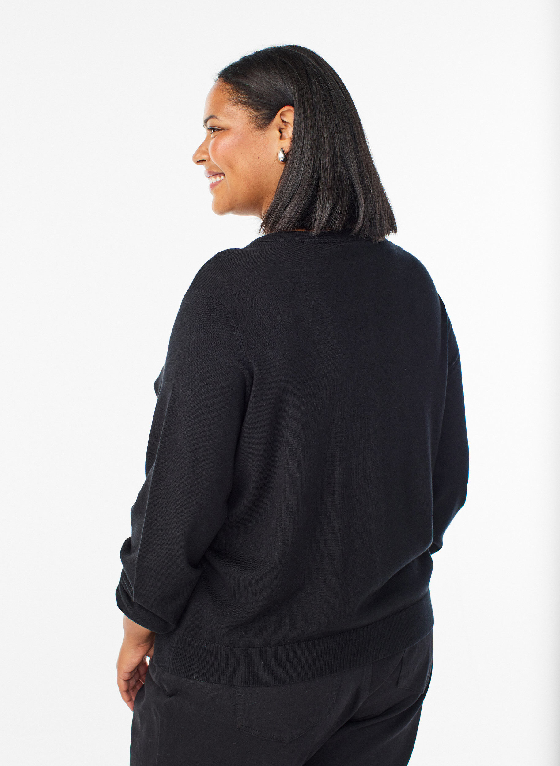 Zizzifashion Cardigan with pearl-embroidered bows and press studs, Black, Model image number 2