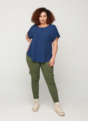 Blouse with short sleeves and a round neckline, Mood Indigo, Model image number 2