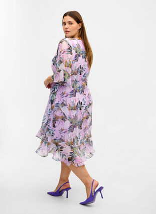 Floral wrap dress with 3/4-length sleeves, Orchid Bouquet AOP, Model image number 0